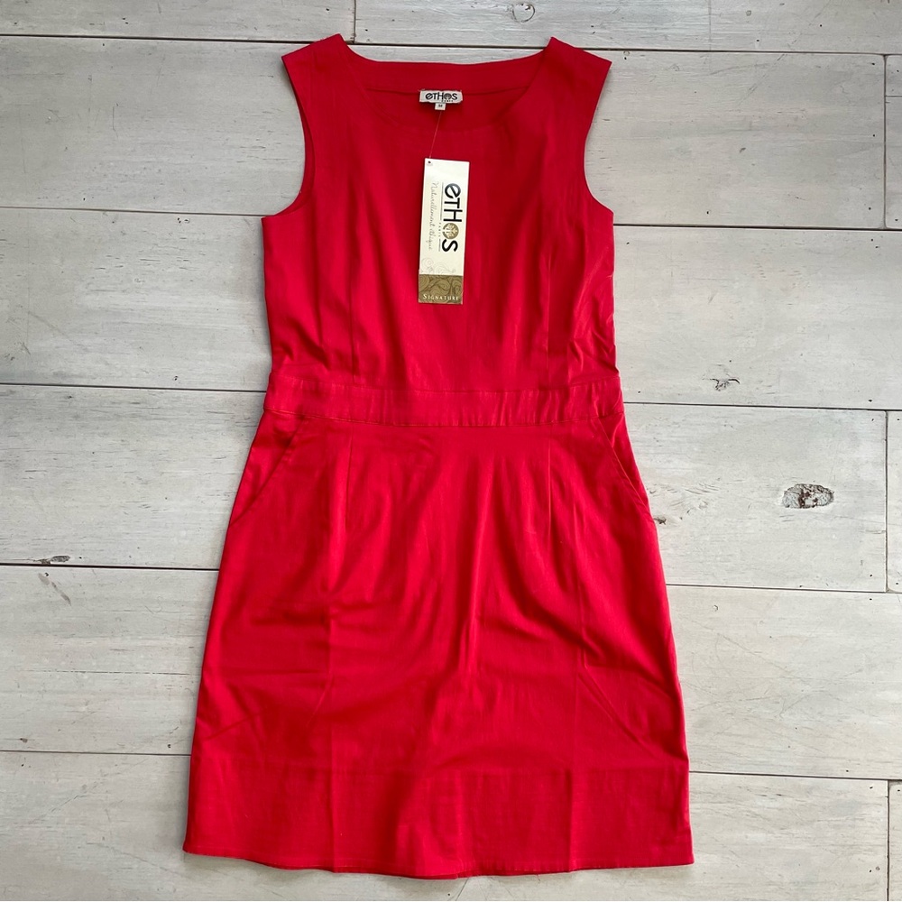 Ethos Paris Red Sleeveless Dress Side Zip Waistband Front/Side Pockets Sz M NWT